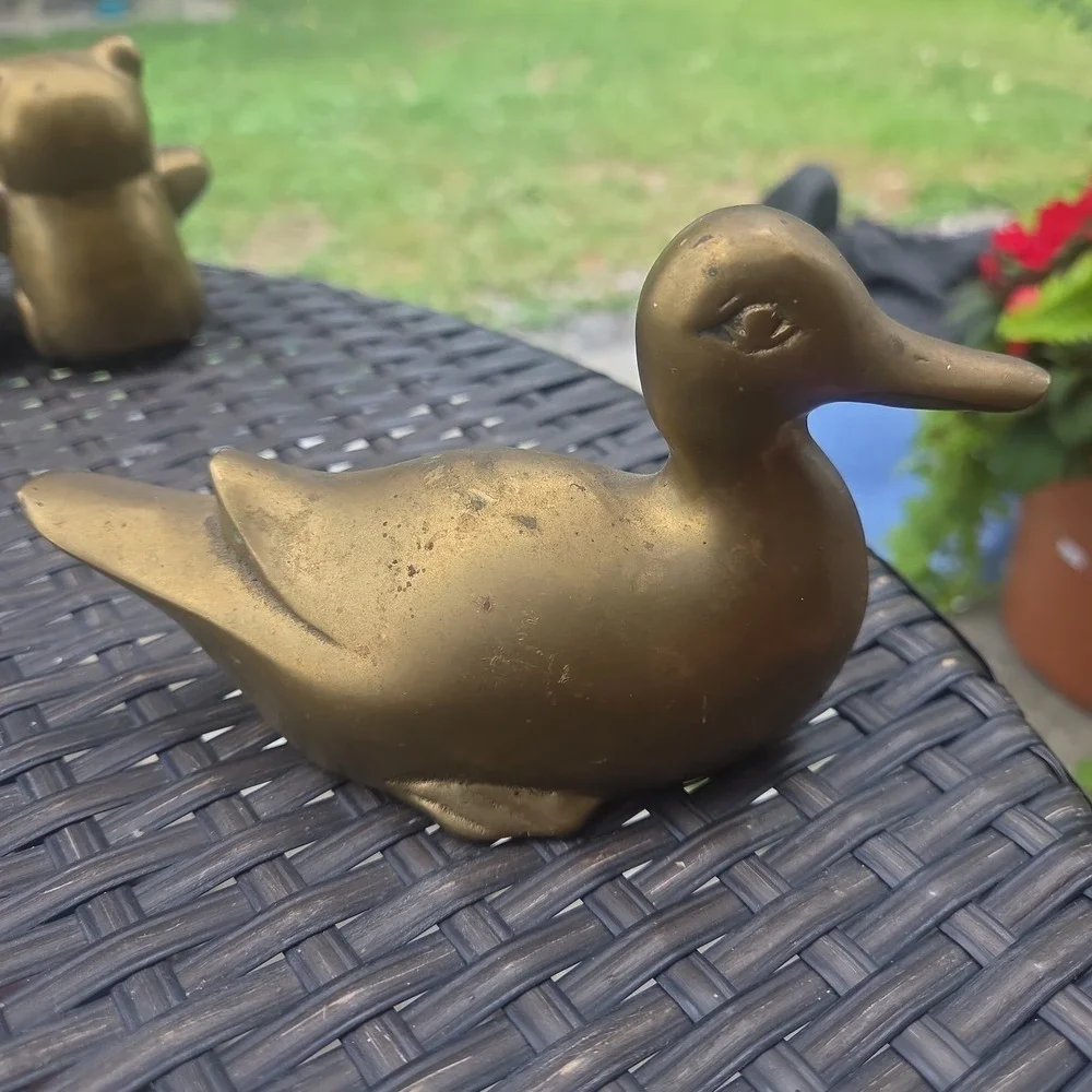 Vintage Solid Brass Duck Green Patina Tarnish Easter Cottage Cabin Core